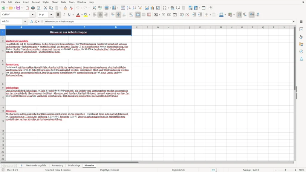 Hinweise – Brief Wertminderung – Excel-Vorlage