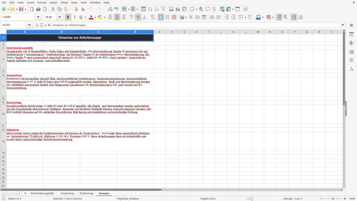 Captura 4: aba Hinweise - Planilha Excel brief wertminderung
