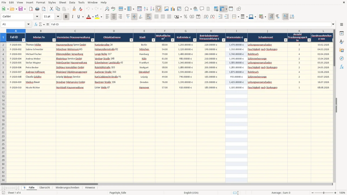 Captura 1: aba Fälle - Planilha Excel mietminderung trocknungsgerate brief
