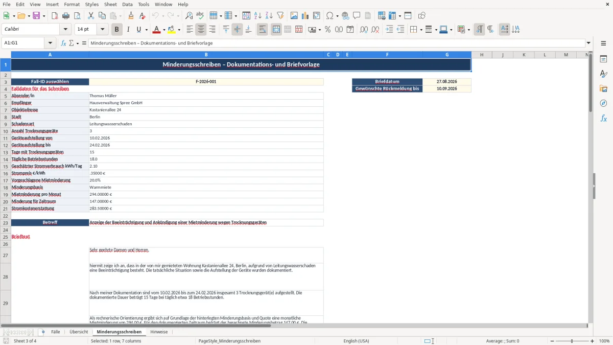 Captura 3: aba Minderungsschreiben - Planilha Excel mietminderung trocknungsgerate brief