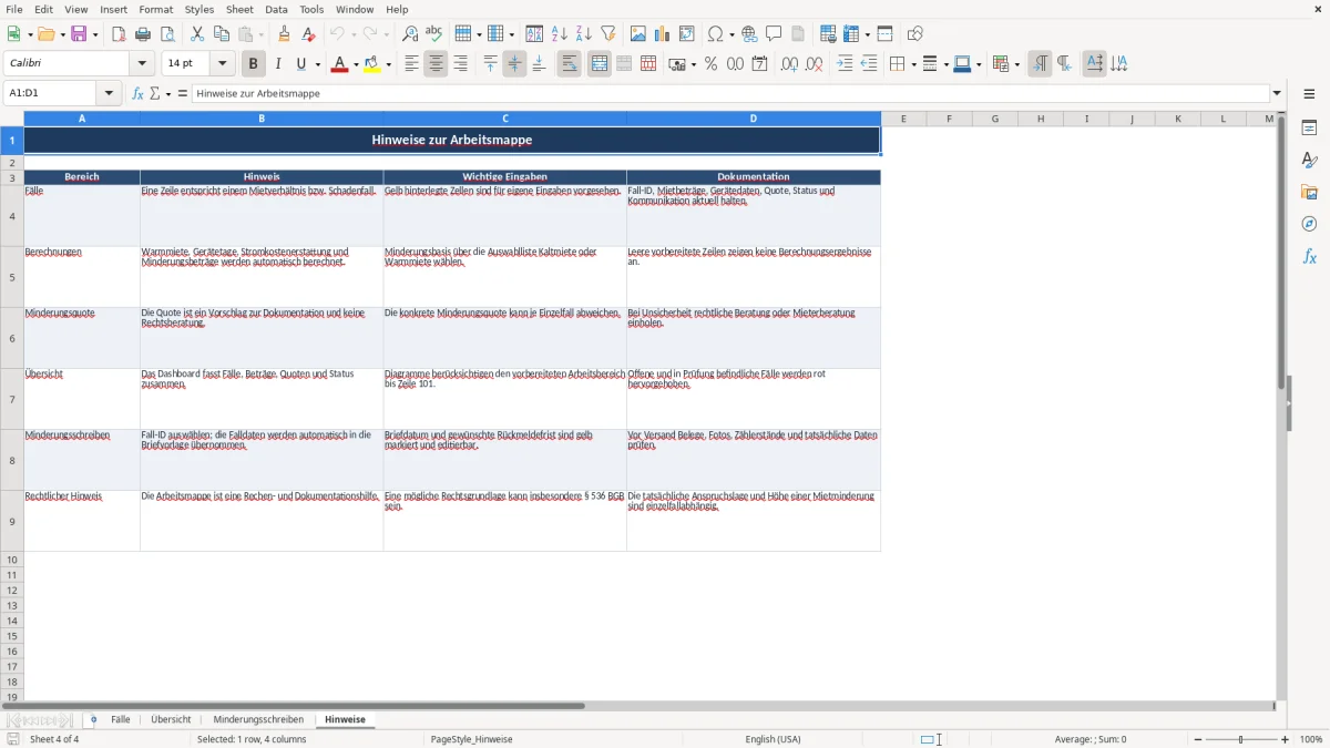 Captura 4: aba Hinweise - Planilha Excel mietminderung trocknungsgerate brief