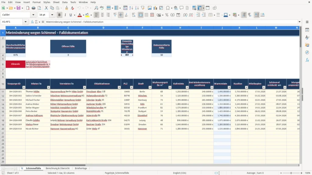 Schimmelfälle – Mietminderung Excel – Vorlage Kostenlos (2026)