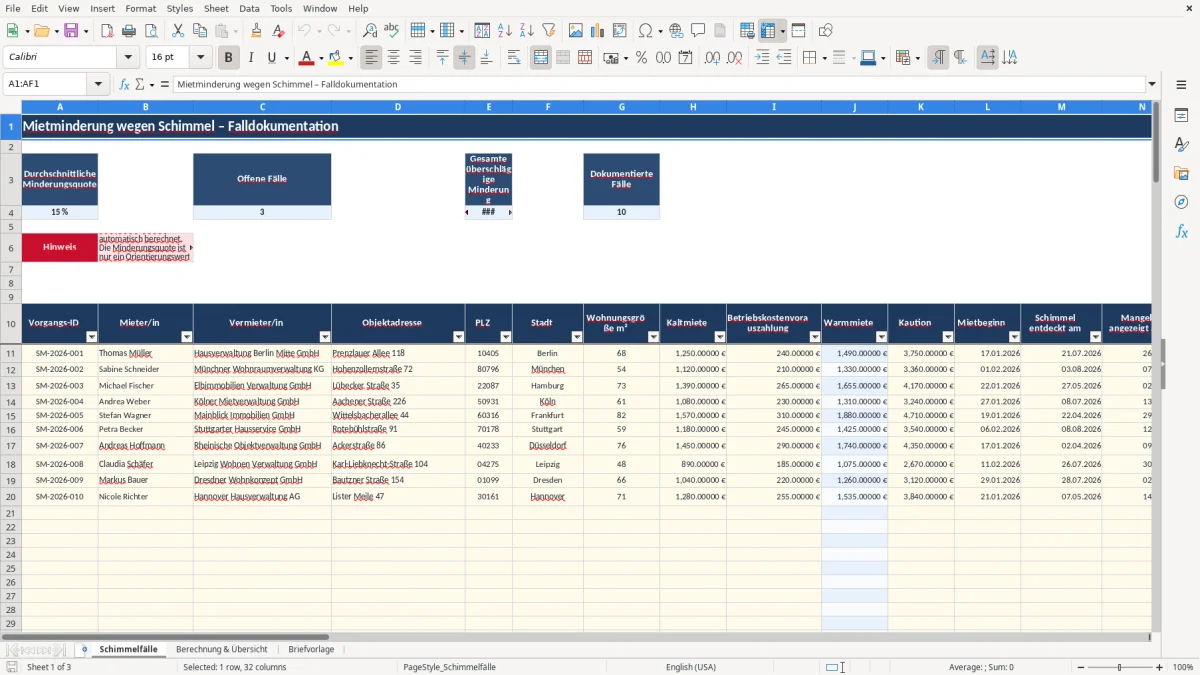Captura 1: aba Schimmelfälle - Planilha Excel mietminderung wegen schimmel brief