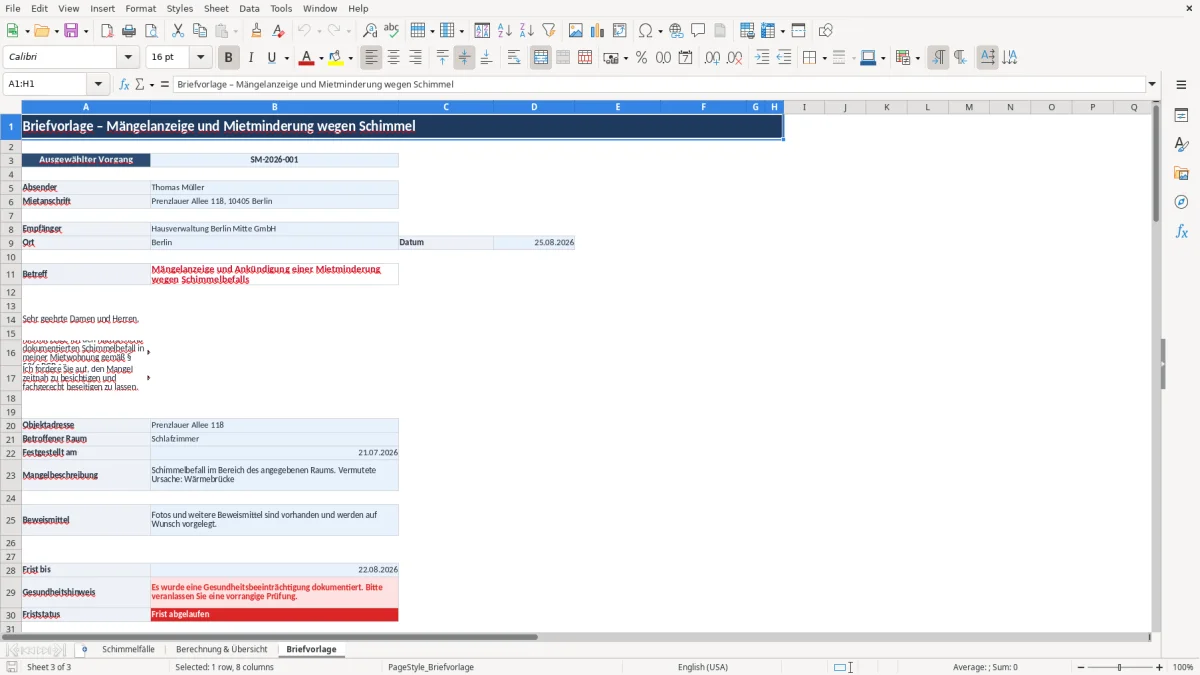 Captura 3: aba Briefvorlage - Planilha Excel mietminderung wegen schimmel brief