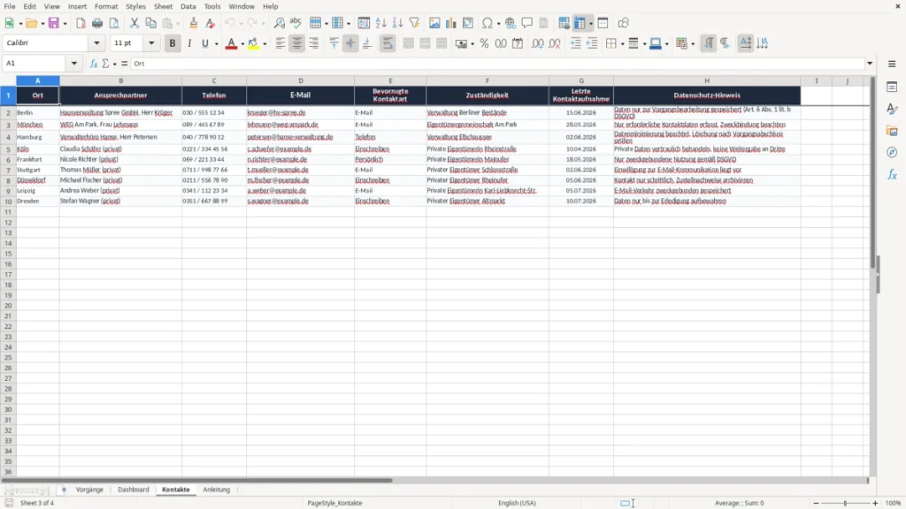 Kontakte – Excel-Vorlage: Bäume zurückschneiden