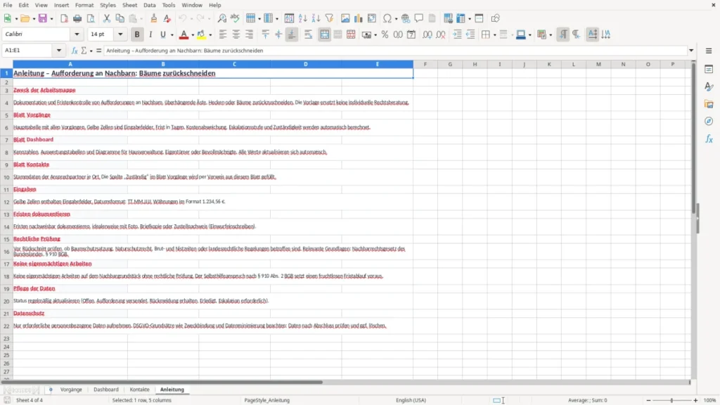 Anleitung – Excel-Vorlage: Bäume zurückschneiden