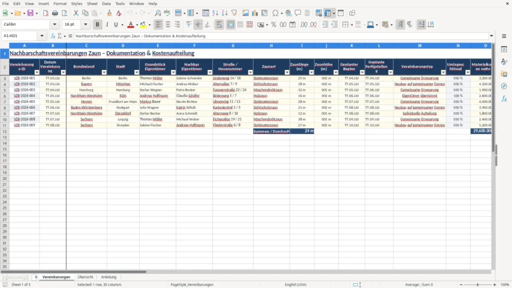 Vereinbarungen – Nachbarschaftsvereinbarung Zaun – Excel