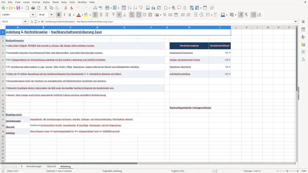 Anleitung – Nachbarschaftsvereinbarung Zaun – Excel