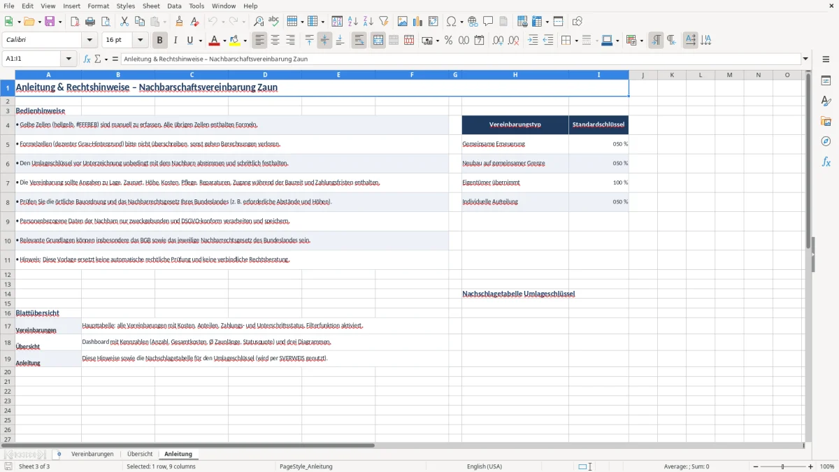 Captura 3: aba Anleitung - Planilha Excel nachbarschaftsvereinbarung zaun