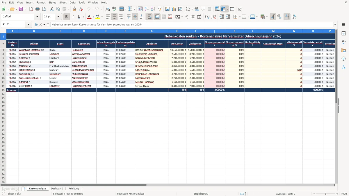 Captura 1: aba Kostenanalyse - Planilha Excel nebenkosten senken vermieter