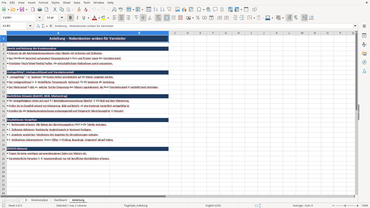 Captura 3: aba Anleitung - Planilha Excel nebenkosten senken vermieter