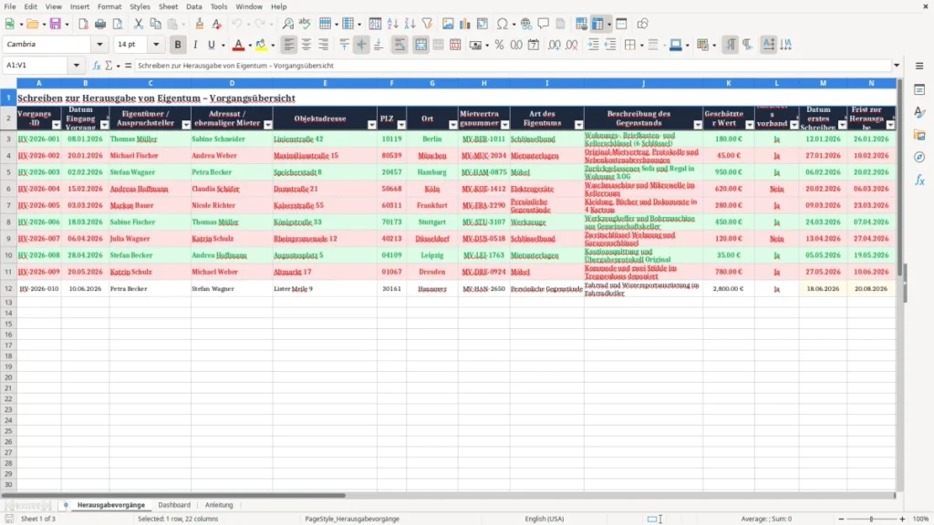 Herausgabevorgänge – Excel-Vorlage: Herausgabe von Eigentum