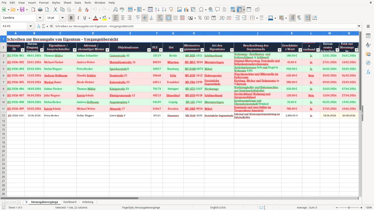 Captura 1: aba Herausgabevorgänge - Planilha Excel schreiben herausgabe eigentum