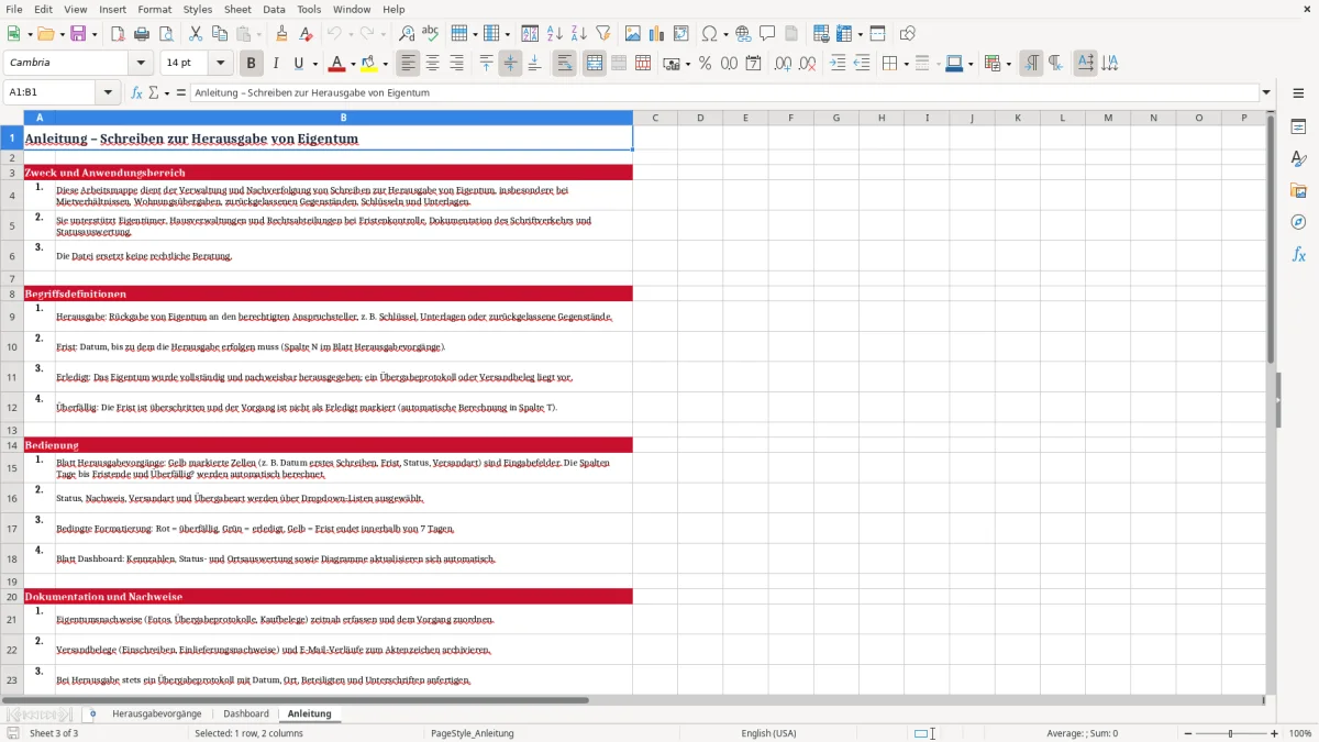 Captura 3: aba Anleitung - Planilha Excel schreiben herausgabe eigentum