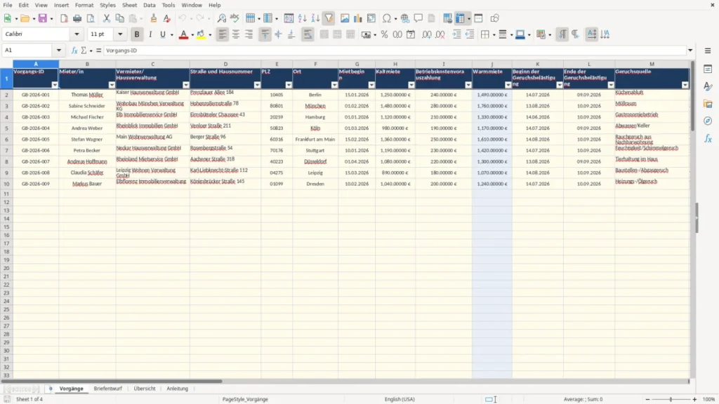 Vorgänge – Brief Mietminderung Excel – Vorlage Kostenlos (2026)