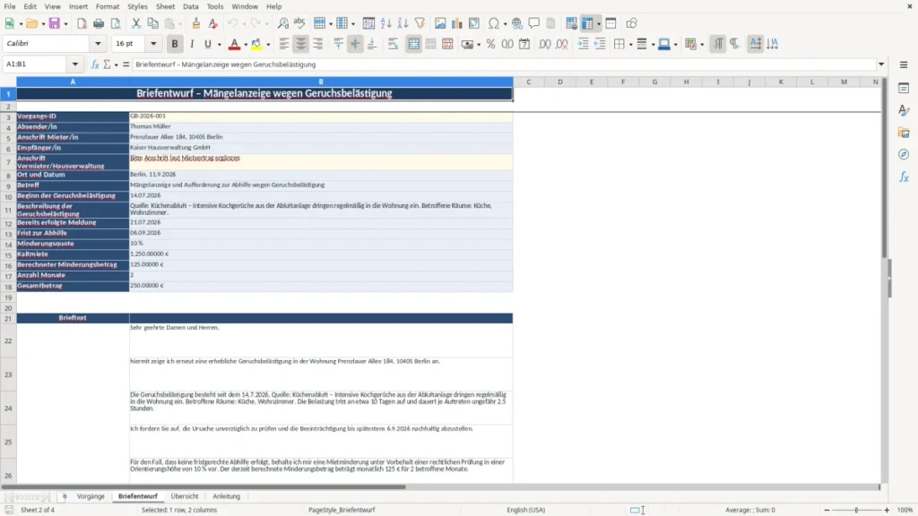 Briefentwurf – Brief Mietminderung Excel – Vorlage Kostenlos (2026)