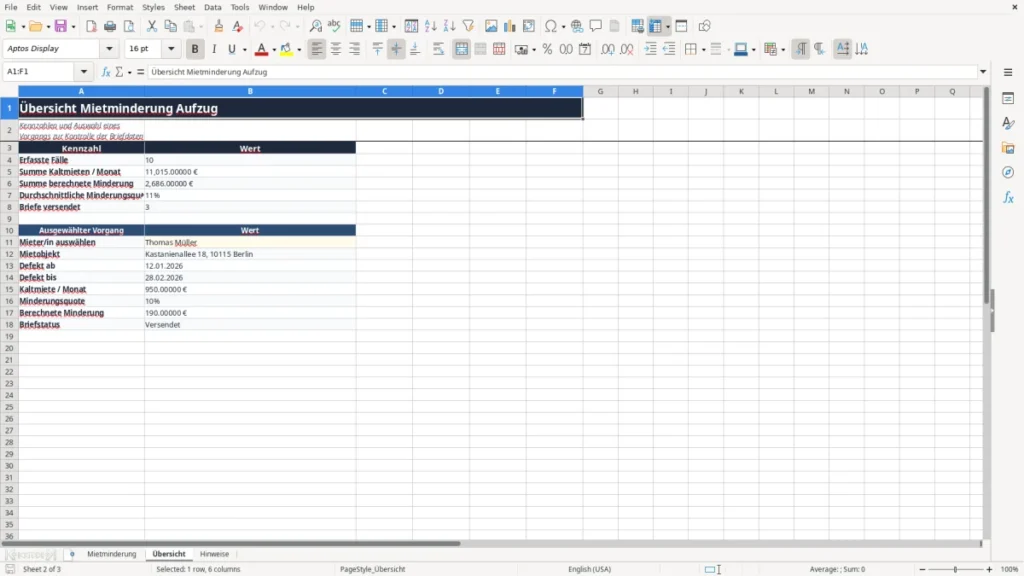 Übersicht – Mietminderung Excel – Vorlage Kostenlos (2026)