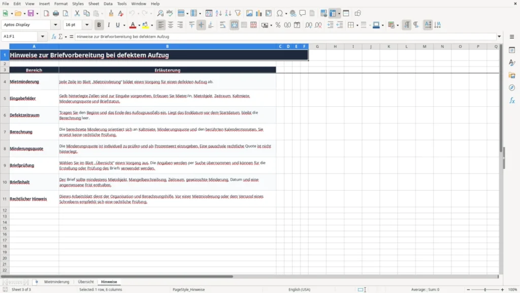 Hinweise – Mietminderung Excel – Vorlage Kostenlos (2026)