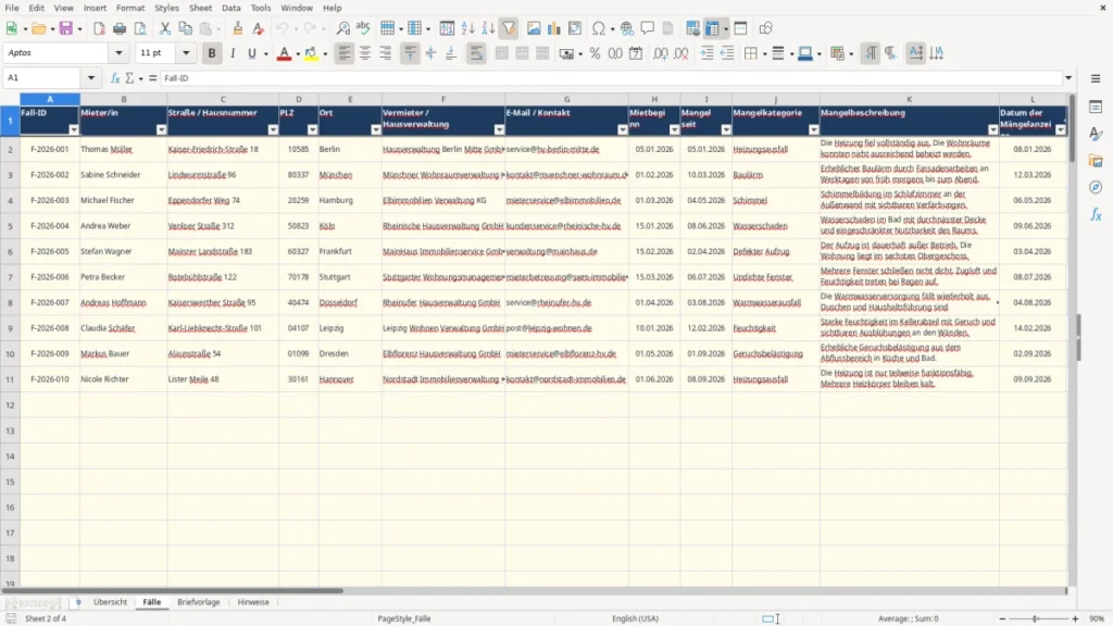 Fälle – Mietminderung Brief Excel – Vorlage Kostenlos (2026)
