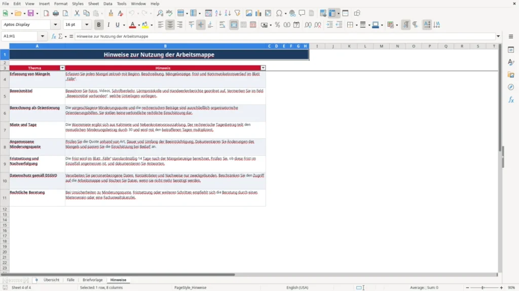 Hinweise – Mietminderung Brief Excel – Vorlage Kostenlos (2026)